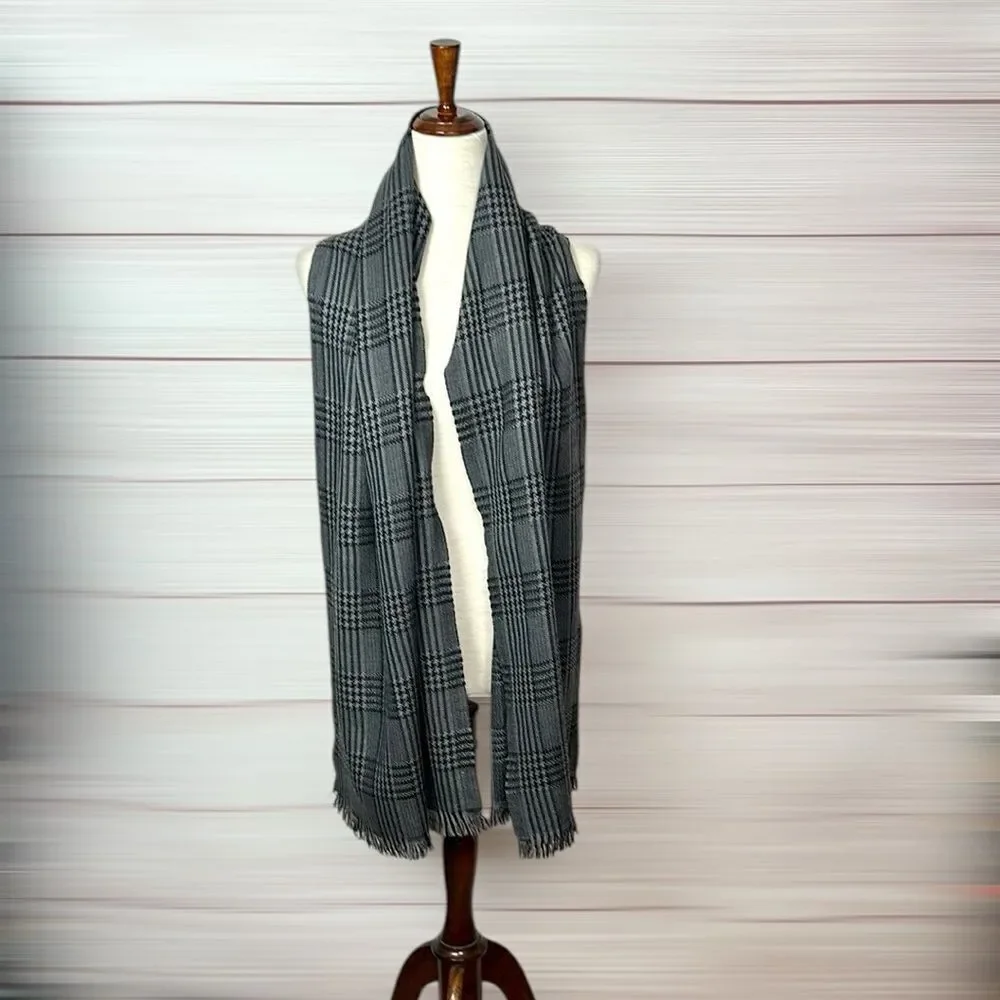 ETRO Milano Wool Oblong Scarf Gray Glen Plaid Men’s Women’s 18x72”